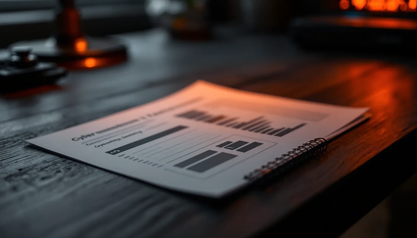 A printed penetration test report with severity charts on a dark desk